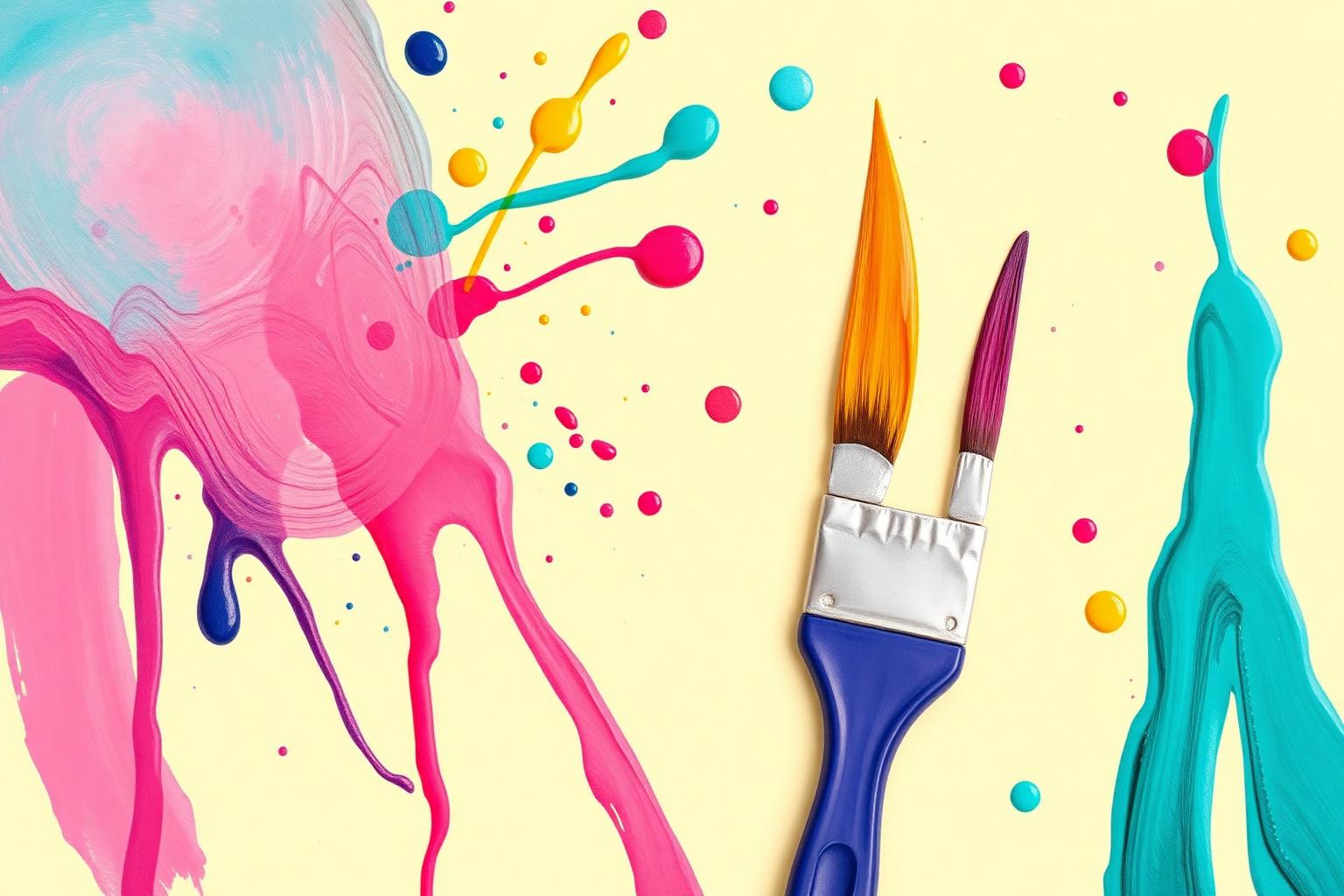Vibrant paint splashes and brushes